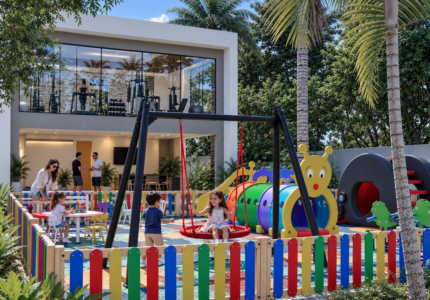 Área infantil con columpios y juegos