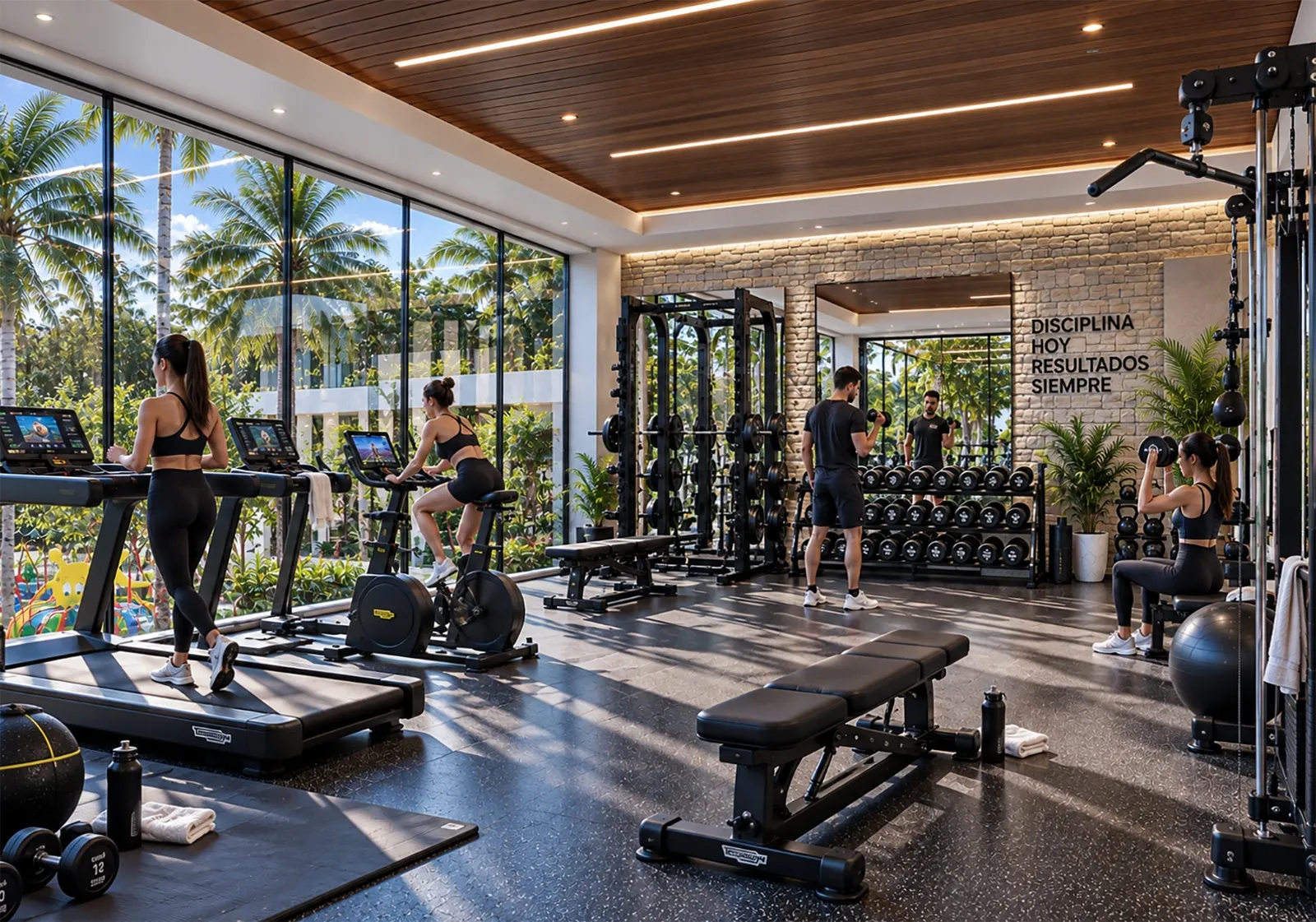 Gimnasio con vista a los jardines