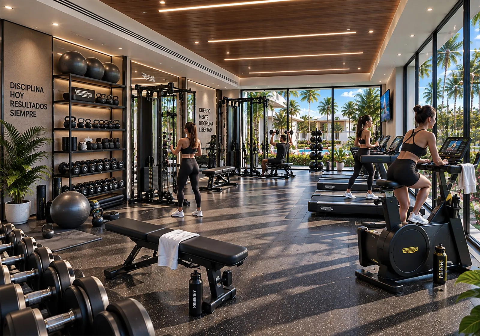 Gimnasio con vista a los jardines